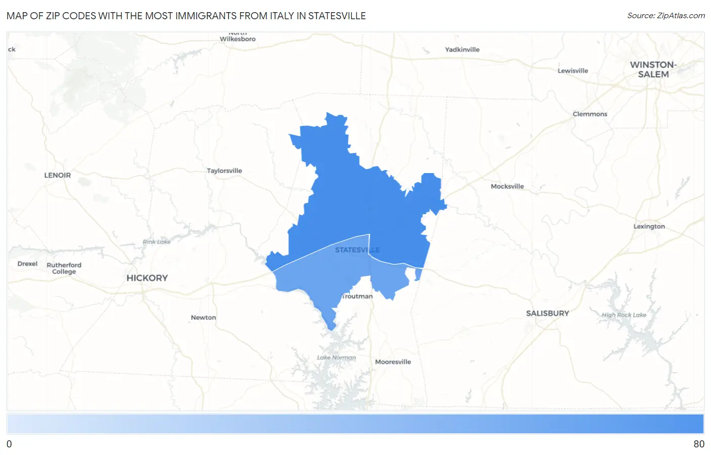 Zip Codes with the Most Immigrants from Italy in Statesville Map