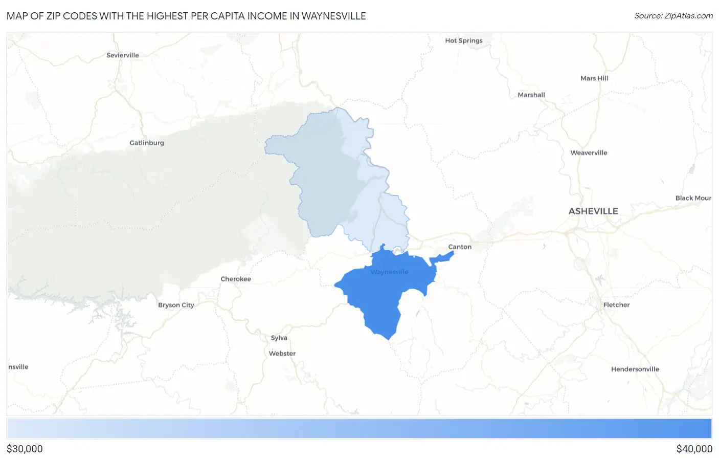 Zip Codes with the Highest Per Capita Income in Waynesville Map