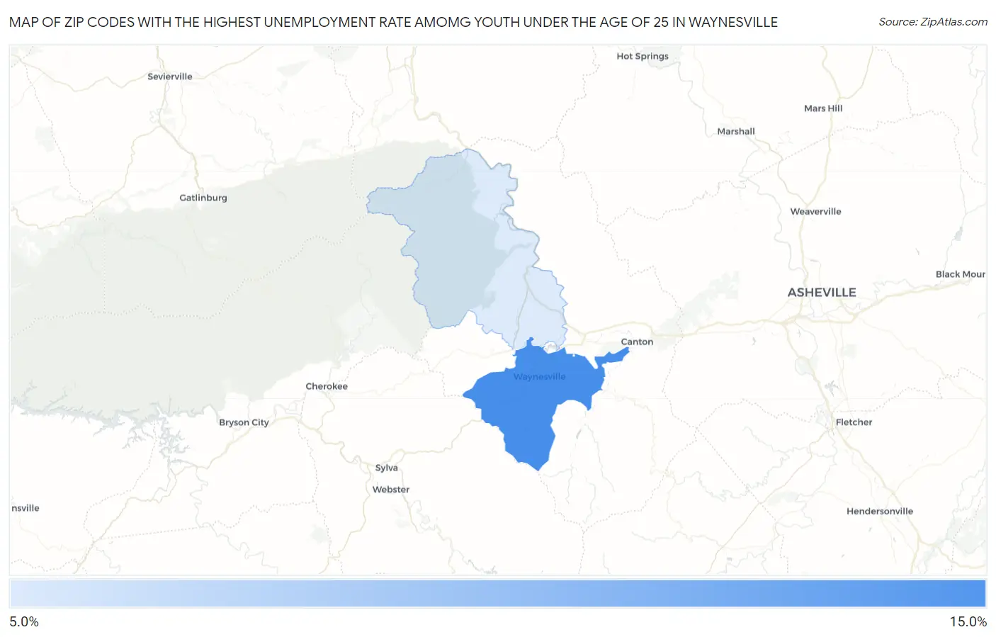 Zip Codes with the Highest Unemployment Rate Amomg Youth Under the Age of 25 in Waynesville Map