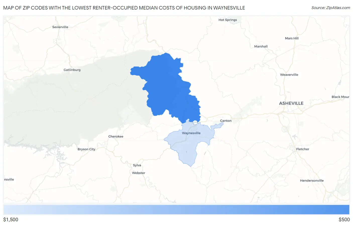 Zip Codes with the Lowest Renter-Occupied Median Costs of Housing in Waynesville Map