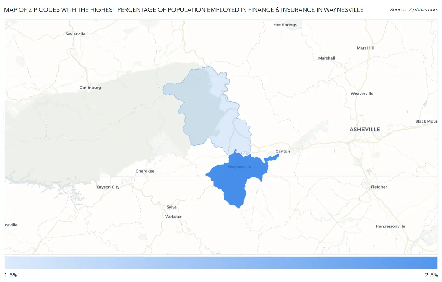 Zip Codes with the Highest Percentage of Population Employed in Finance & Insurance in Waynesville Map