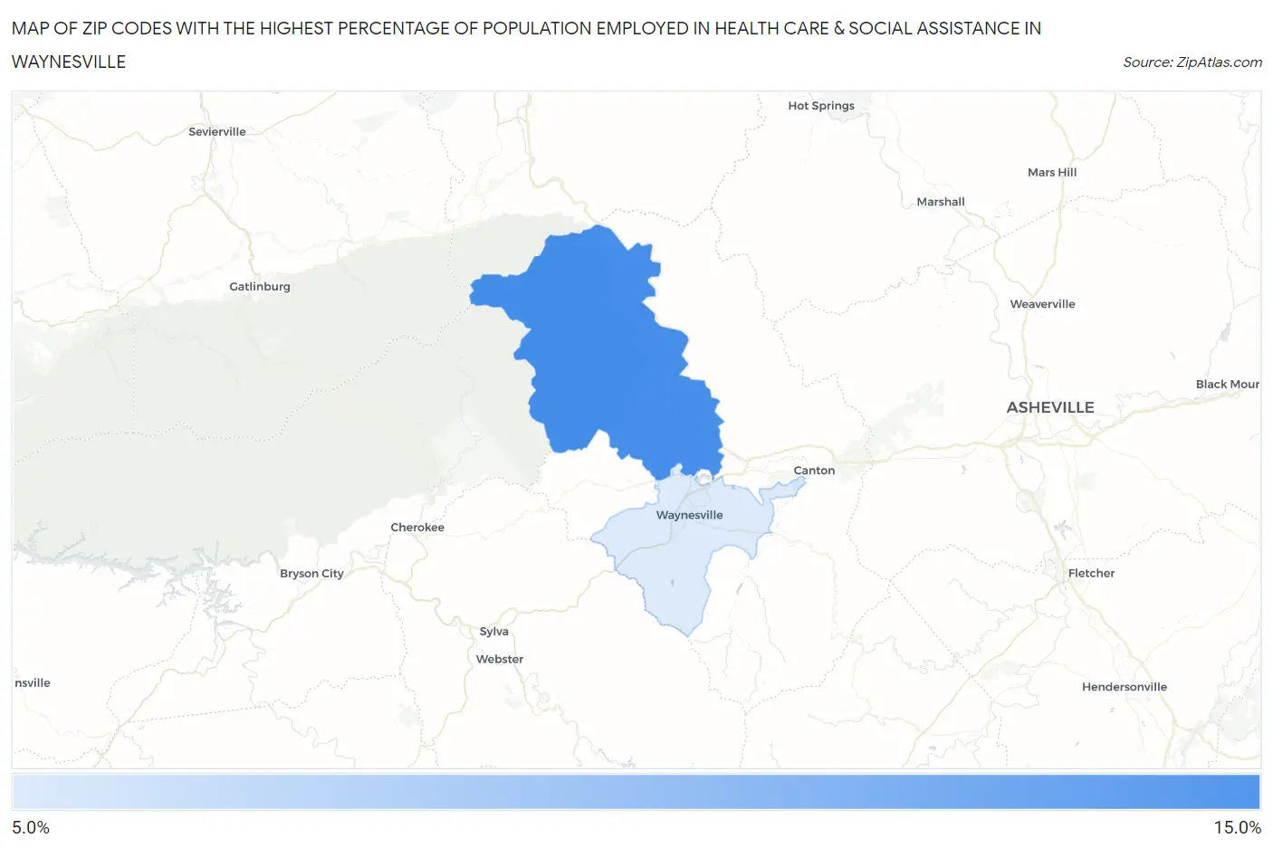 Zip Codes with the Highest Percentage of Population Employed in Health Care & Social Assistance in Waynesville Map