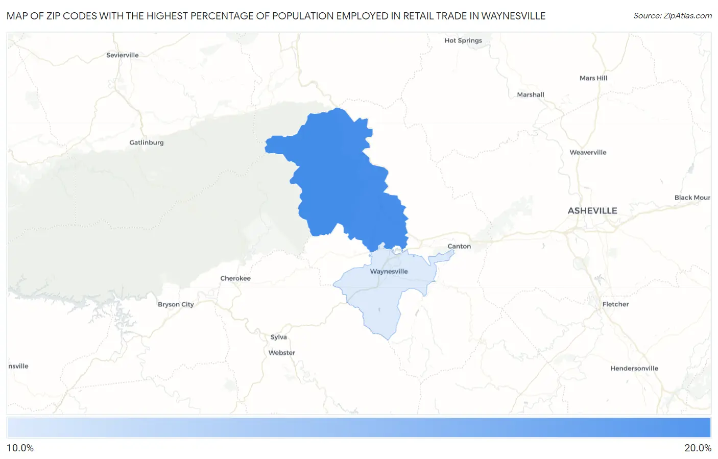 Zip Codes with the Highest Percentage of Population Employed in Retail Trade in Waynesville Map