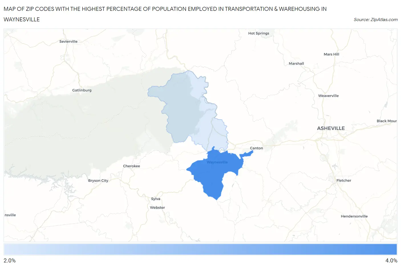 Zip Codes with the Highest Percentage of Population Employed in Transportation & Warehousing in Waynesville Map