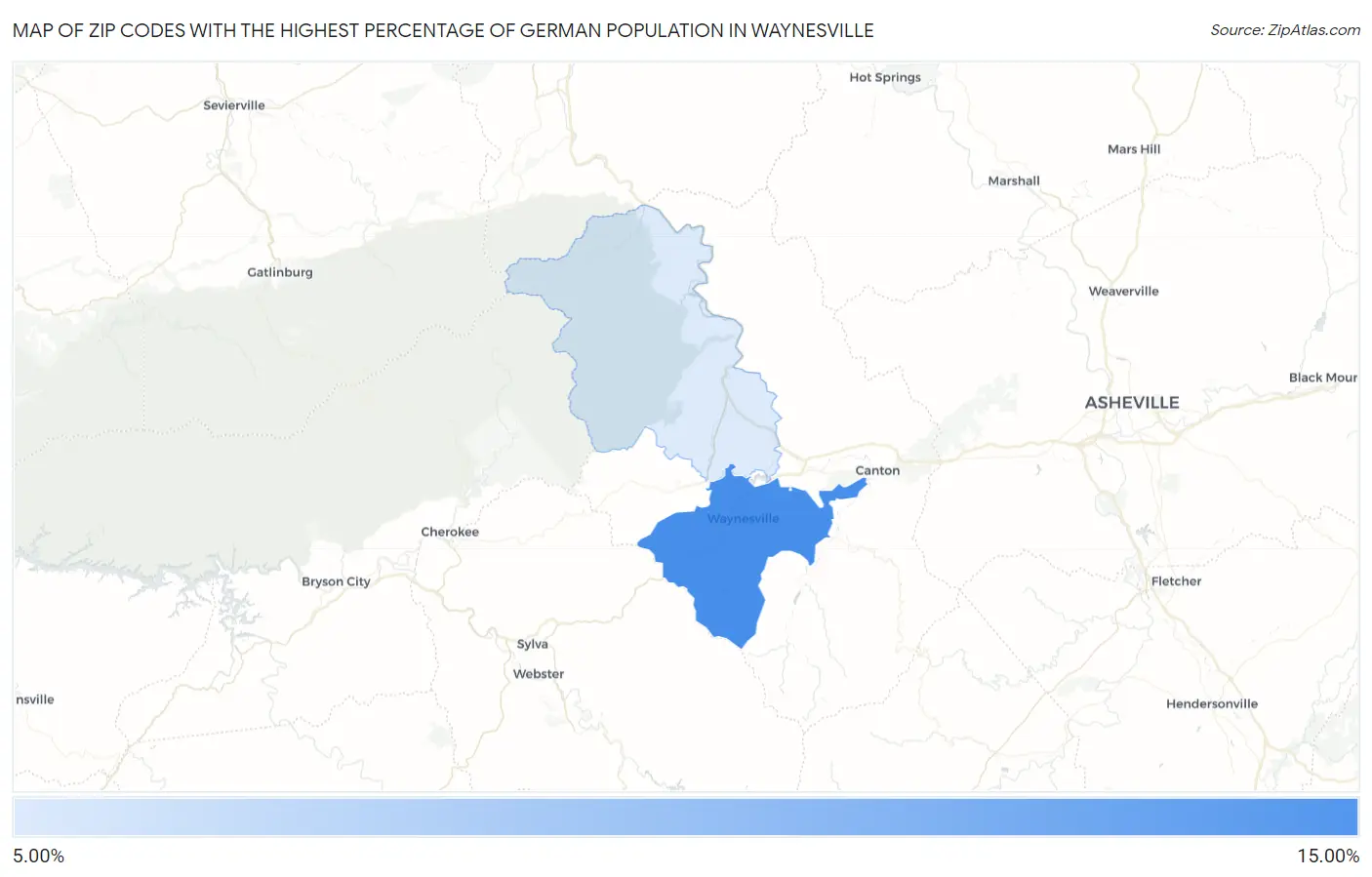 Zip Codes with the Highest Percentage of German Population in Waynesville Map