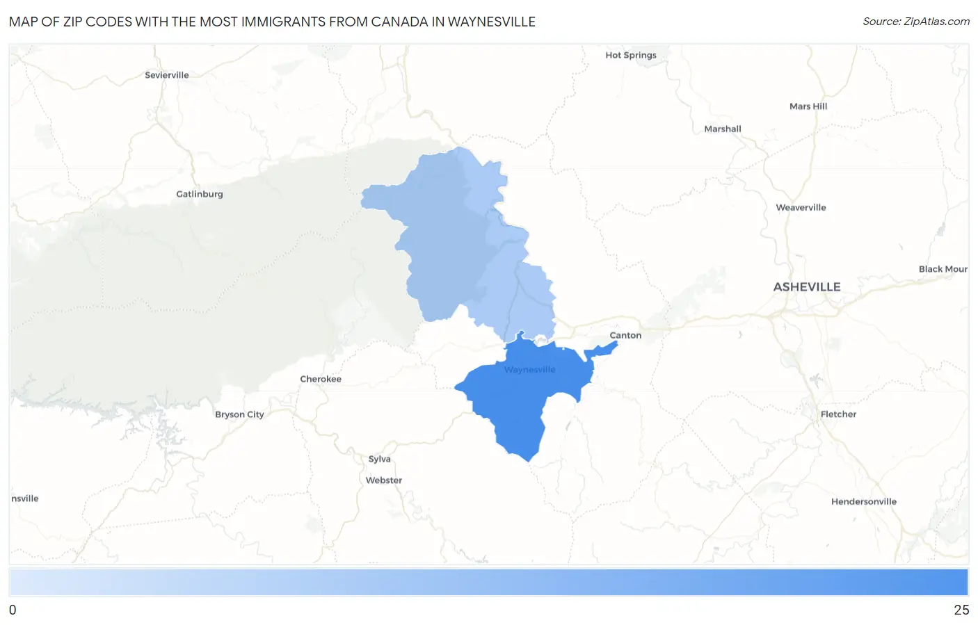 Zip Codes with the Most Immigrants from Canada in Waynesville Map