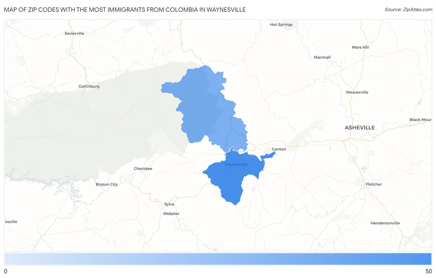 Zip Codes with the Most Immigrants from Colombia in Waynesville Map