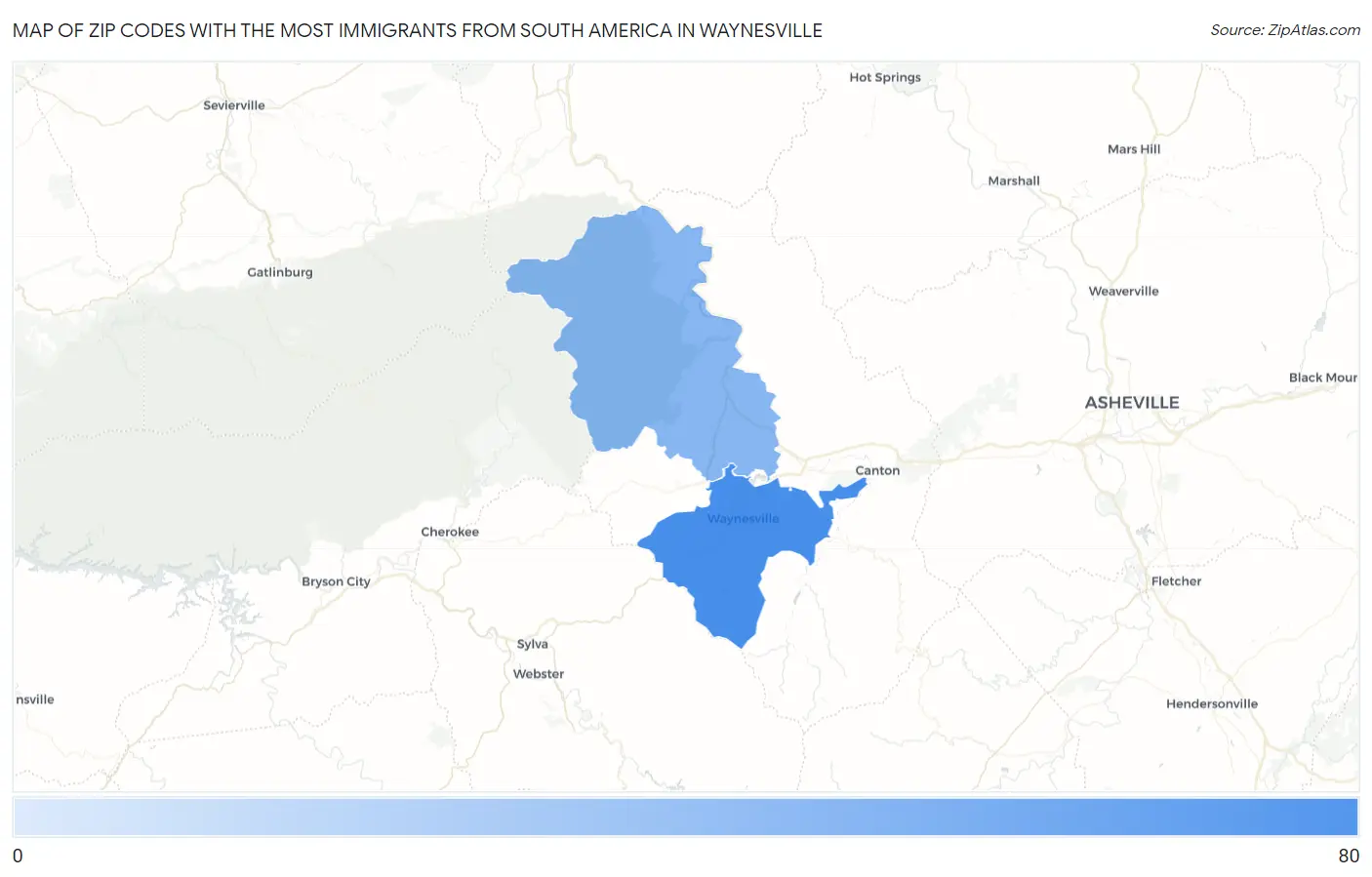 Zip Codes with the Most Immigrants from South America in Waynesville Map