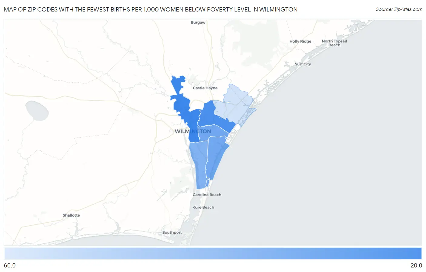 Zip Codes with the Fewest Births per 1,000 Women Below Poverty Level in Wilmington Map