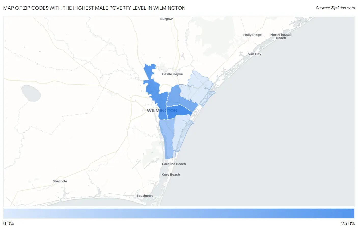Zip Codes with the Highest Male Poverty Level in Wilmington Map