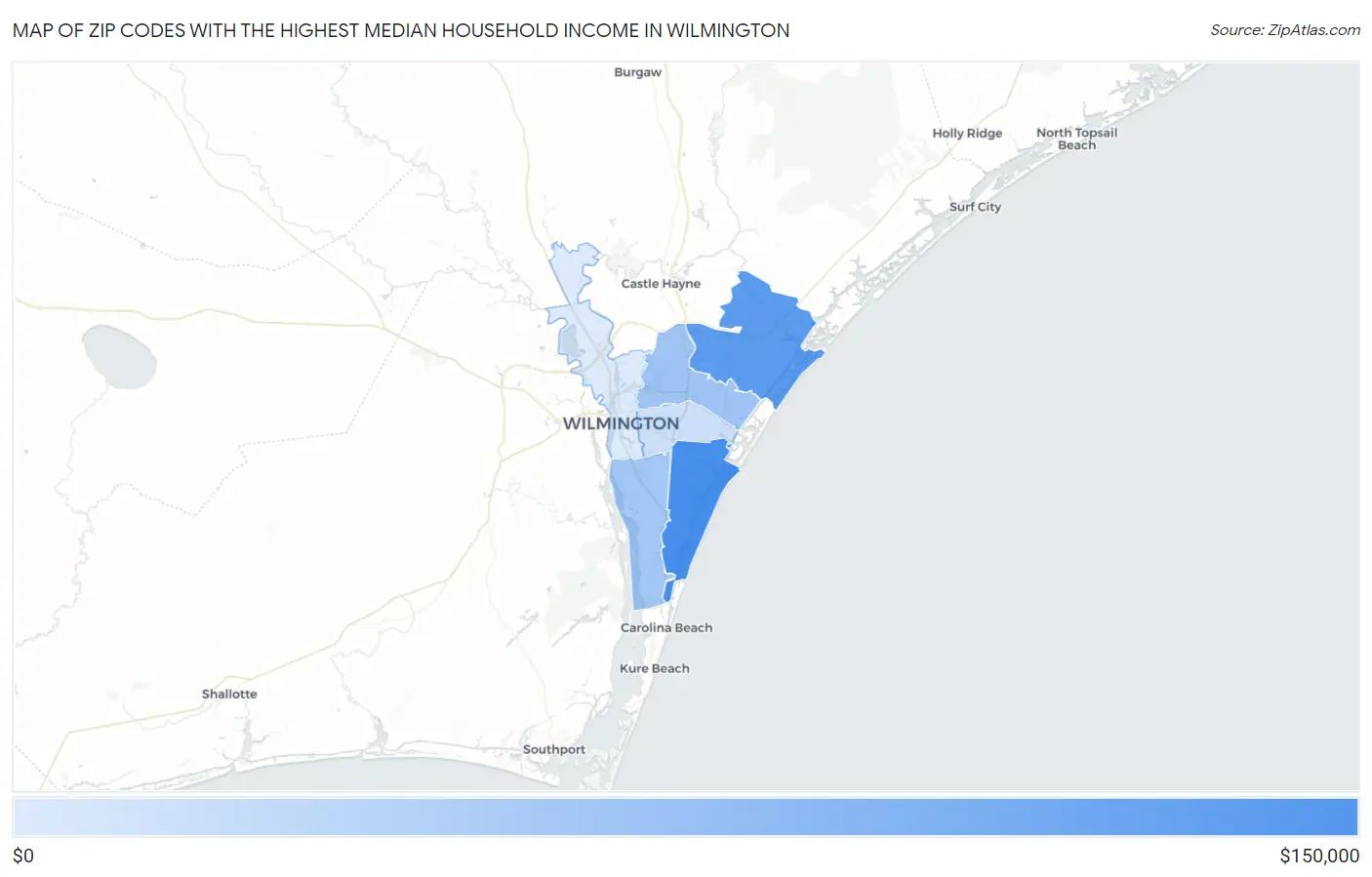 Zip Codes with the Highest Median Household Income in Wilmington Map