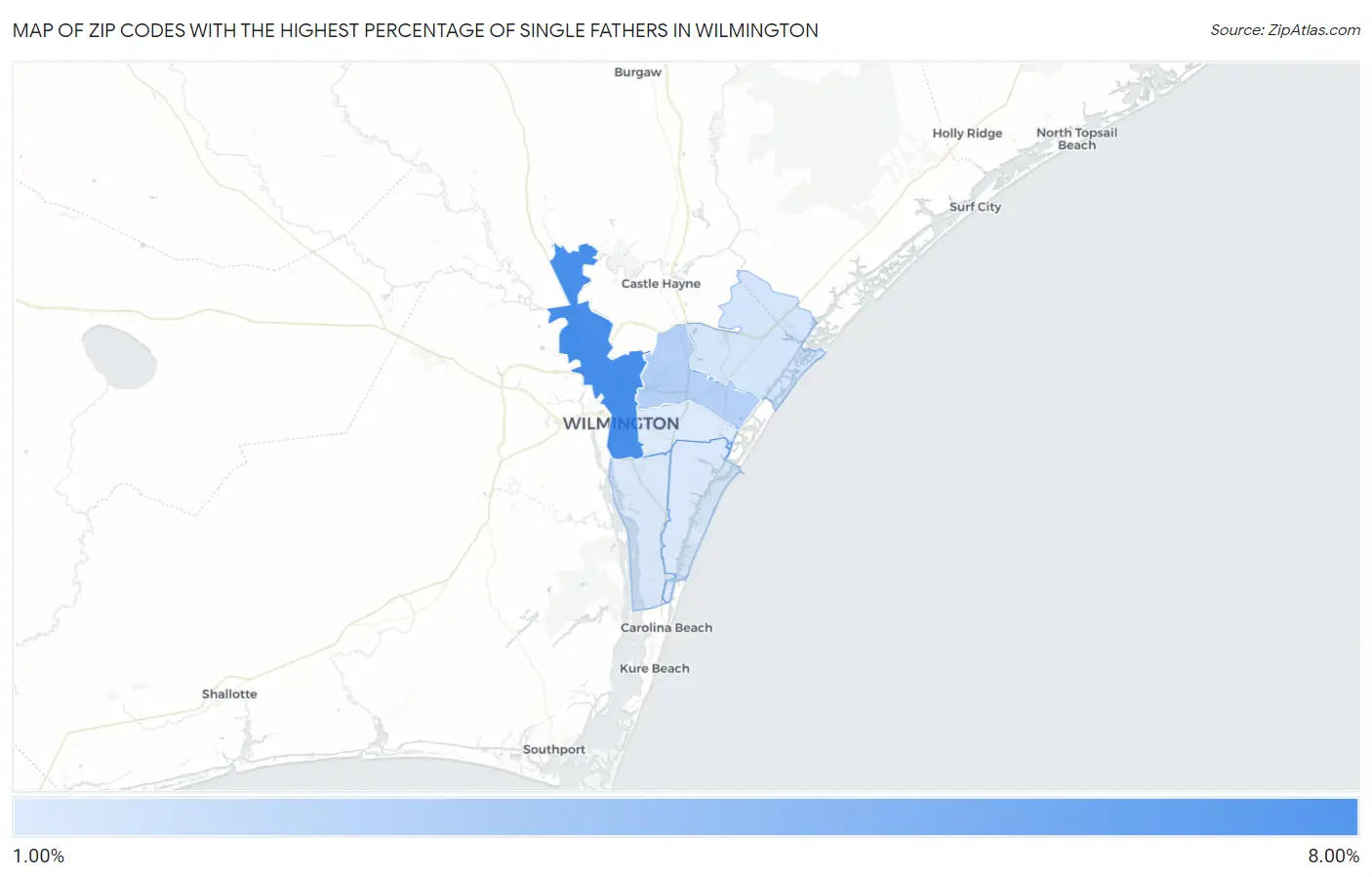 Zip Codes with the Highest Percentage of Single Fathers in Wilmington Map