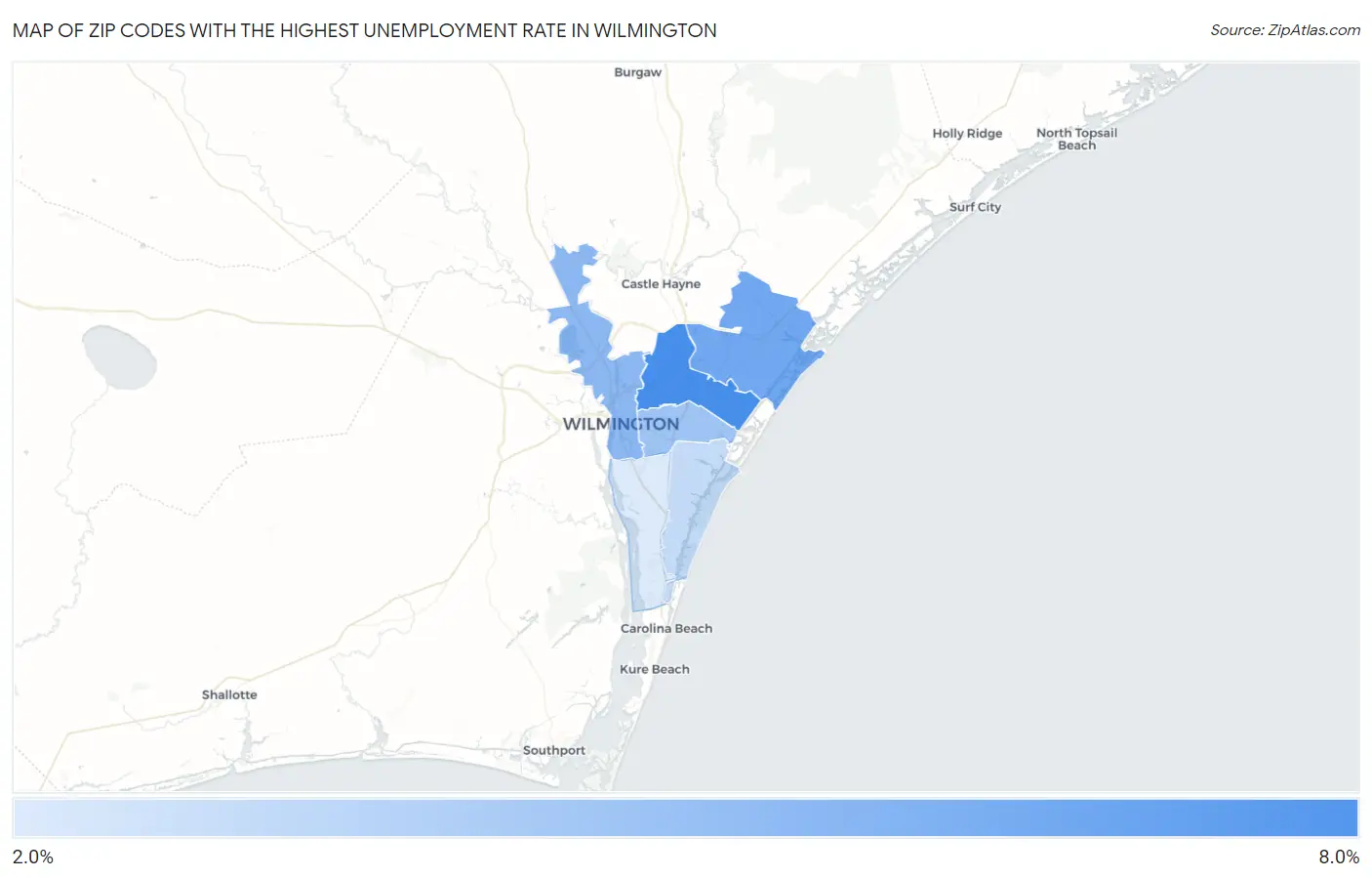 Zip Codes with the Highest Unemployment Rate in Wilmington Map
