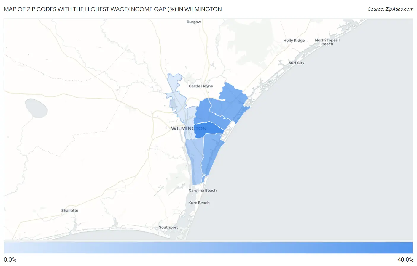 Zip Codes with the Highest Wage/Income Gap (%) in Wilmington Map