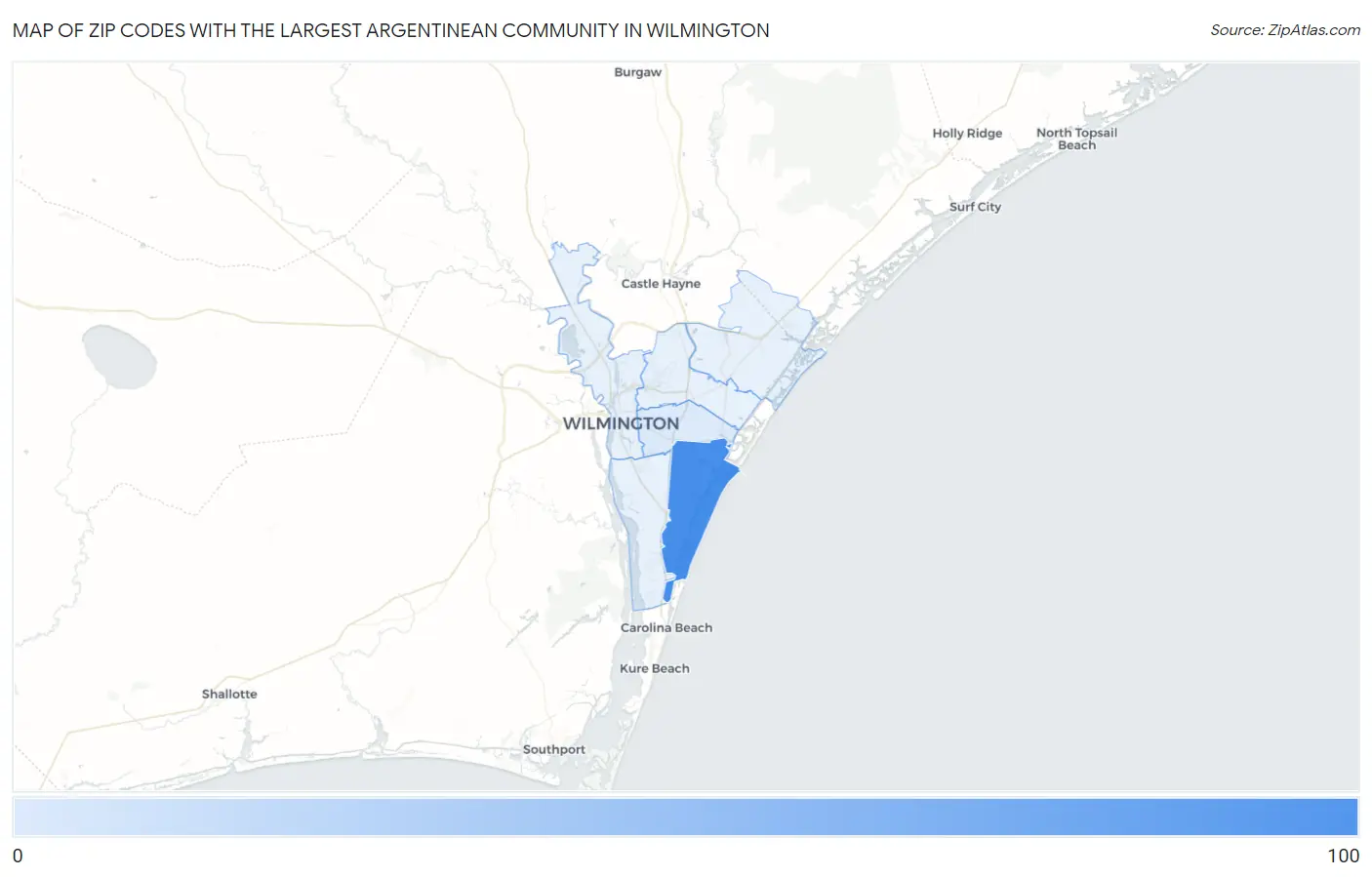 Zip Codes with the Largest Argentinean Community in Wilmington Map