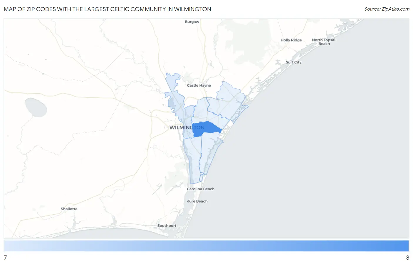 Zip Codes with the Largest Celtic Community in Wilmington Map