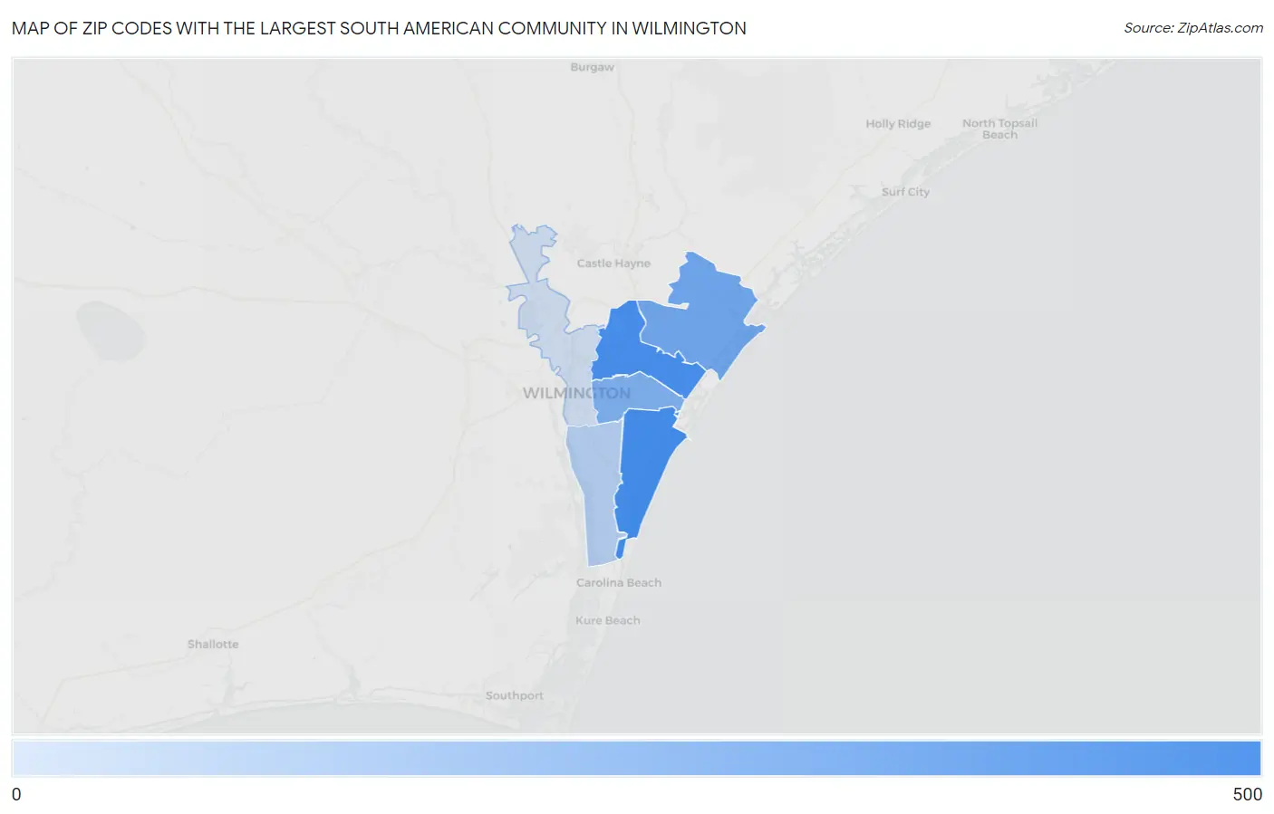 Zip Codes with the Largest South American Community in Wilmington Map