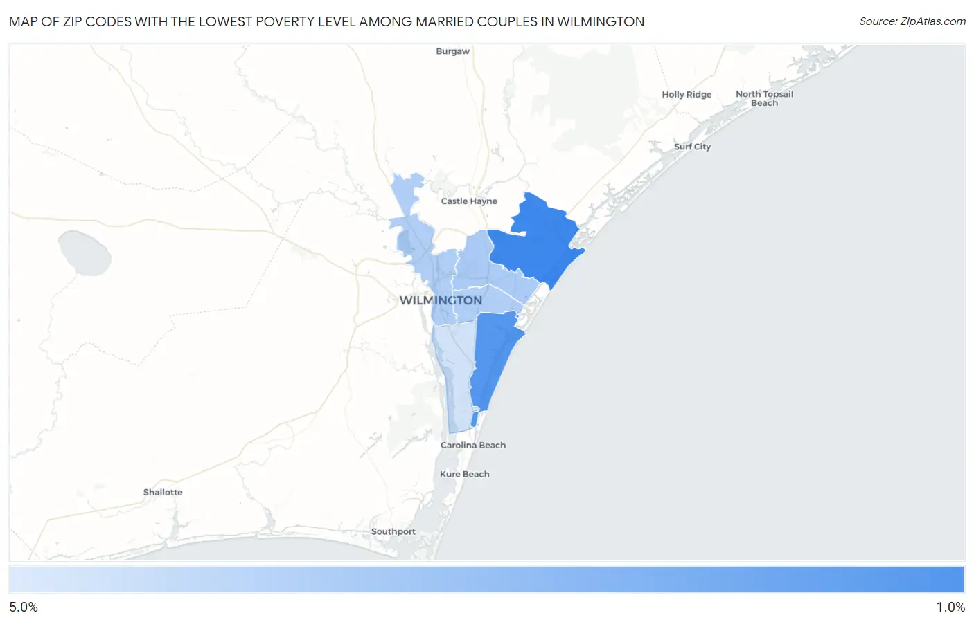 Zip Codes with the Lowest Poverty Level Among Married Couples in Wilmington Map
