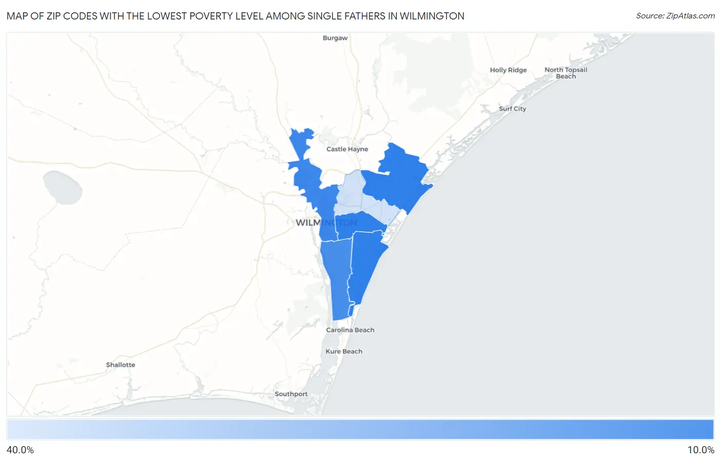 Zip Codes with the Lowest Poverty Level Among Single Fathers in Wilmington Map