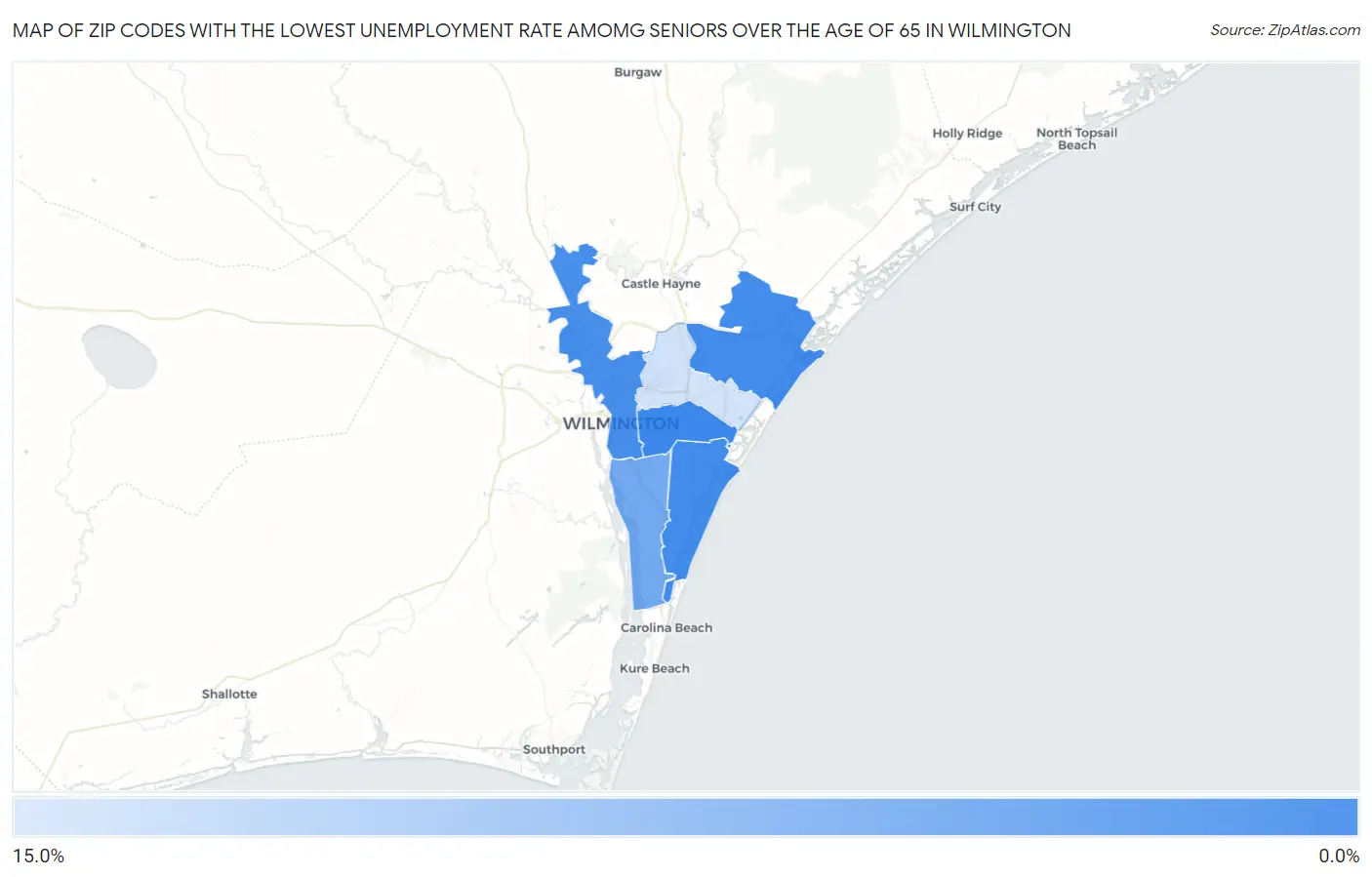 Zip Codes with the Lowest Unemployment Rate Amomg Seniors Over the Age of 65 in Wilmington Map