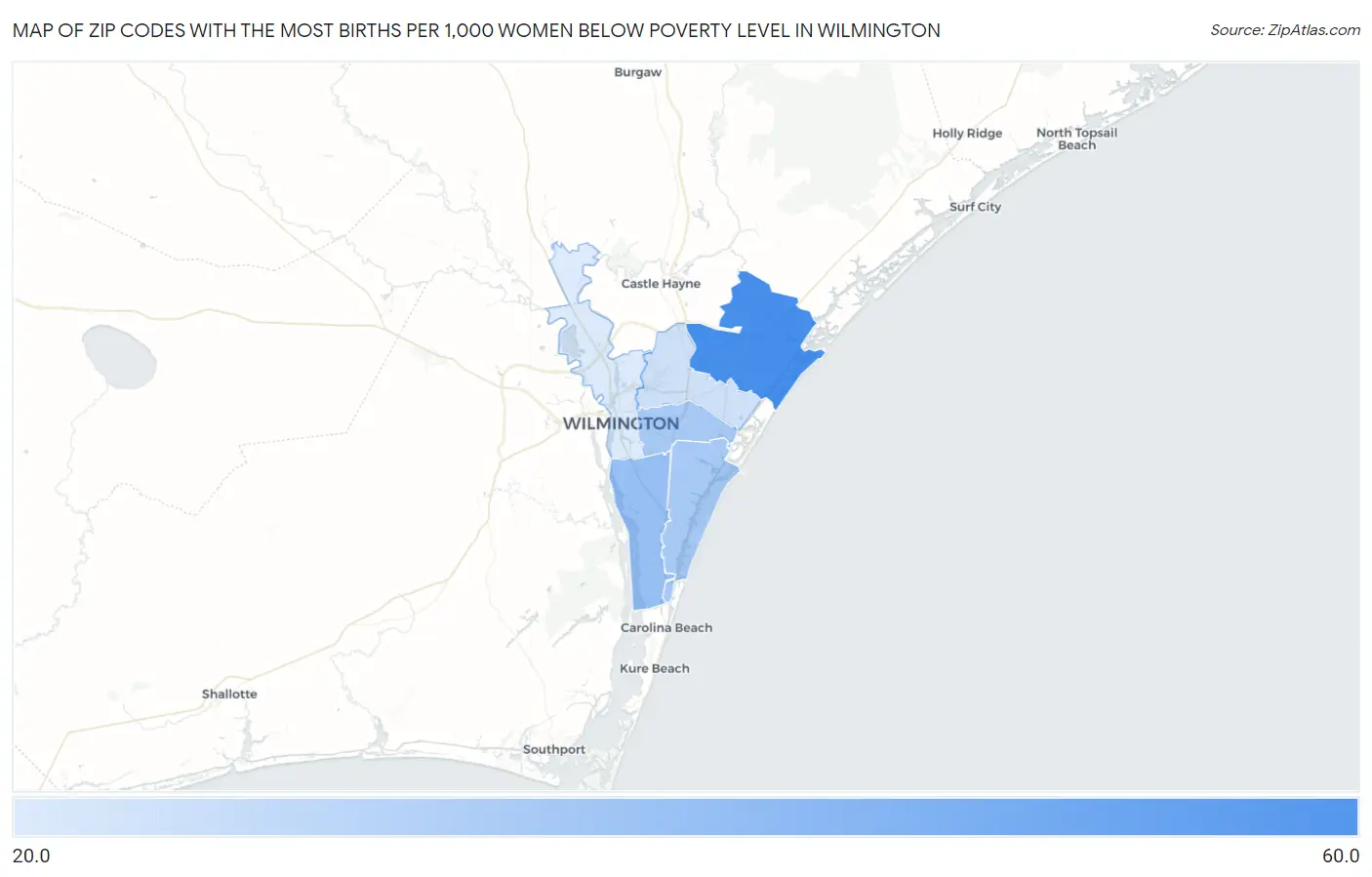 Zip Codes with the Most Births per 1,000 Women Below Poverty Level in Wilmington Map