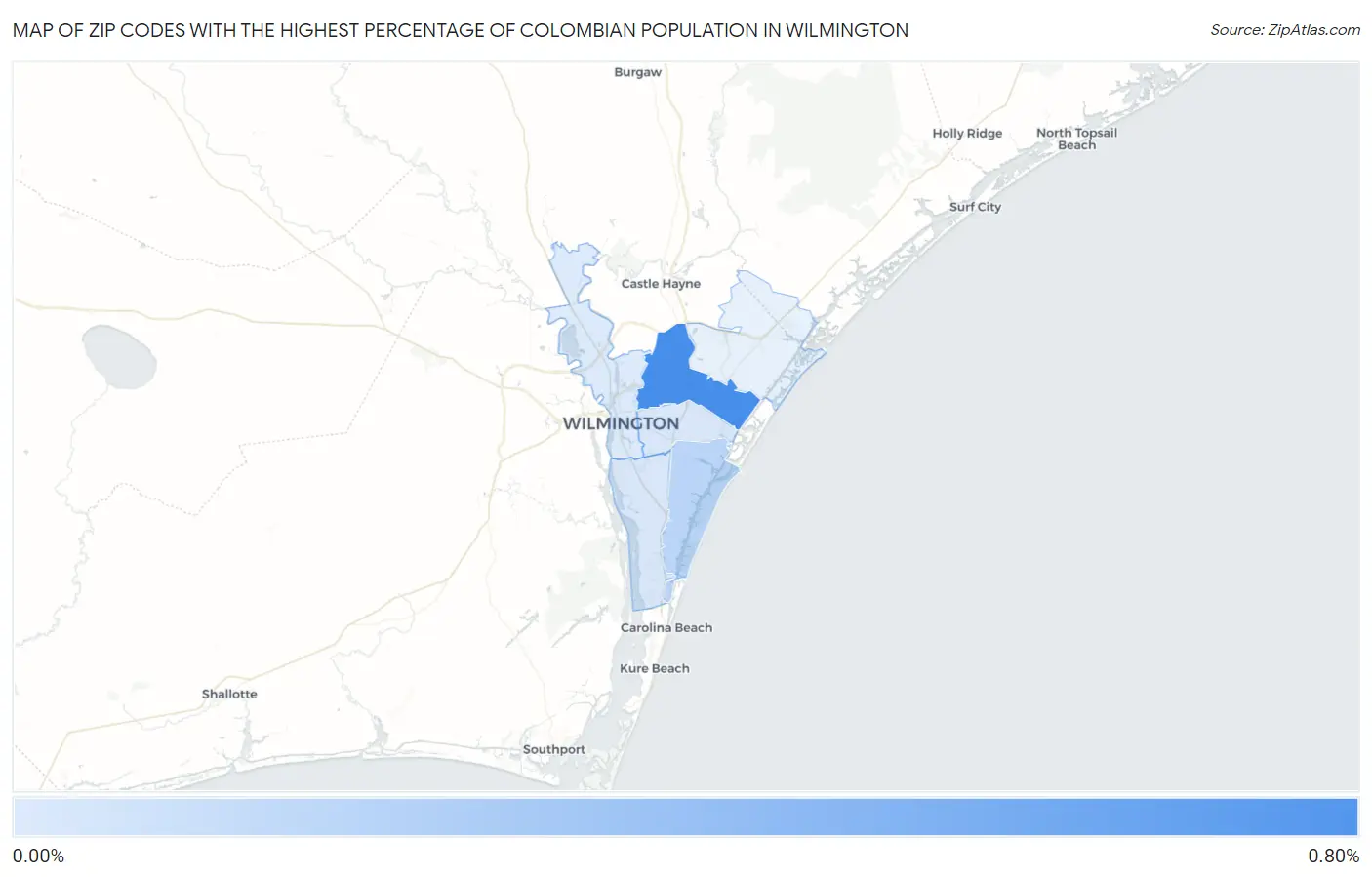 Zip Codes with the Highest Percentage of Colombian Population in Wilmington Map