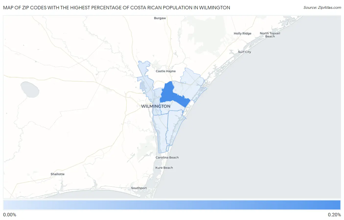 Zip Codes with the Highest Percentage of Costa Rican Population in Wilmington Map