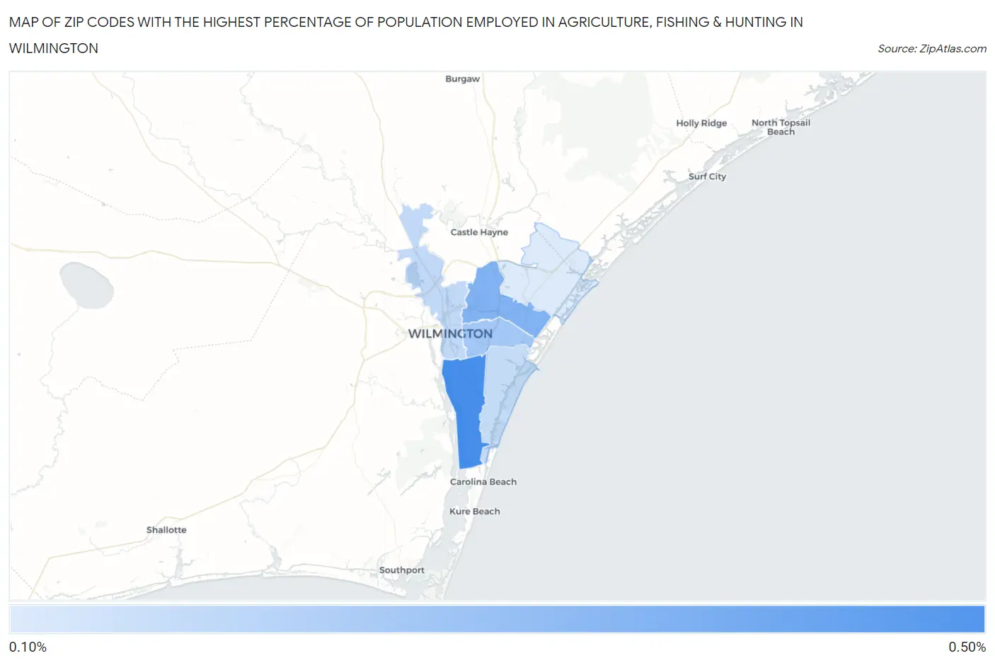 Zip Codes with the Highest Percentage of Population Employed in Agriculture, Fishing & Hunting in Wilmington Map