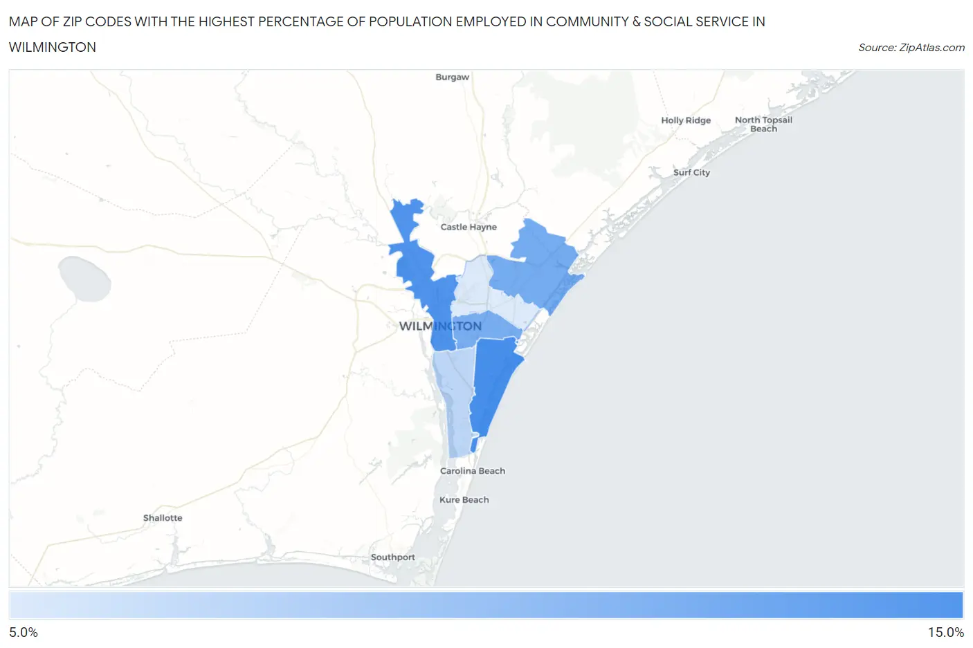 Zip Codes with the Highest Percentage of Population Employed in Community & Social Service  in Wilmington Map