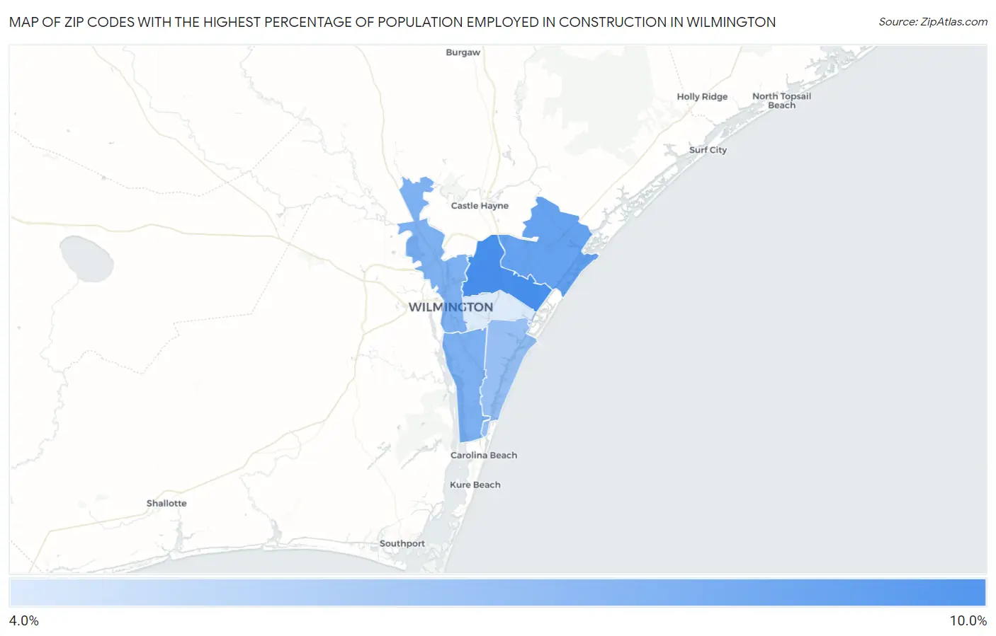 Zip Codes with the Highest Percentage of Population Employed in Construction in Wilmington Map