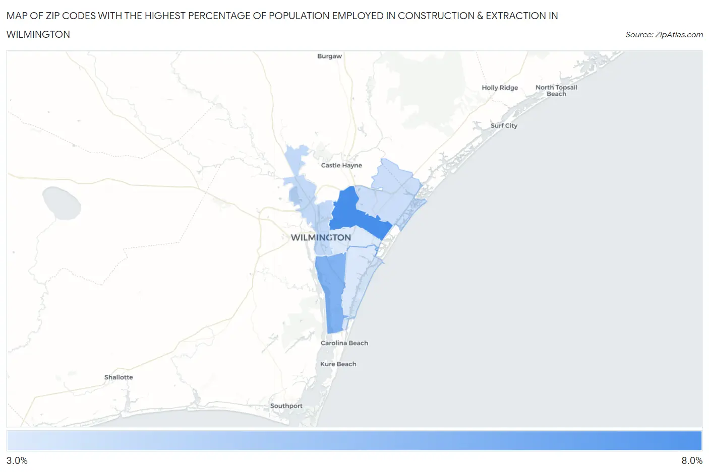 Zip Codes with the Highest Percentage of Population Employed in Construction & Extraction in Wilmington Map