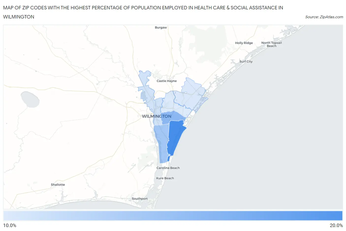 Zip Codes with the Highest Percentage of Population Employed in Health Care & Social Assistance in Wilmington Map