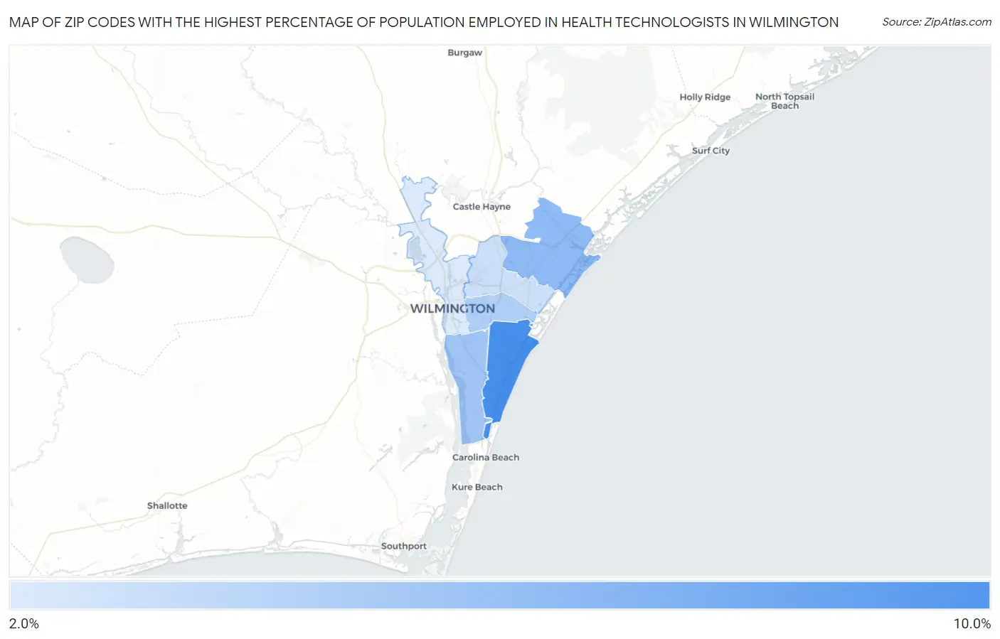 Zip Codes with the Highest Percentage of Population Employed in Health Technologists in Wilmington Map
