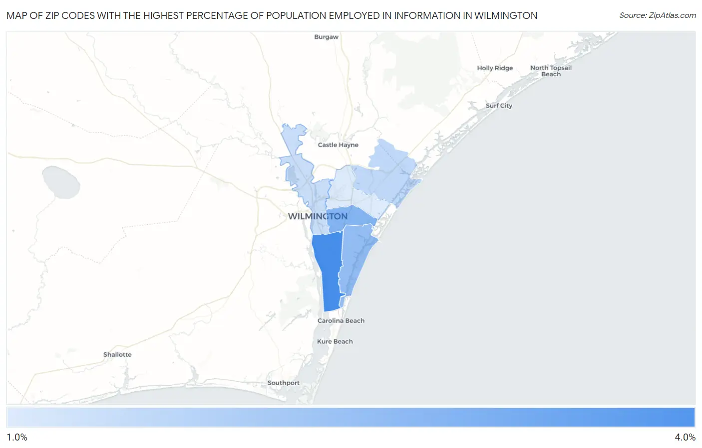 Zip Codes with the Highest Percentage of Population Employed in Information in Wilmington Map