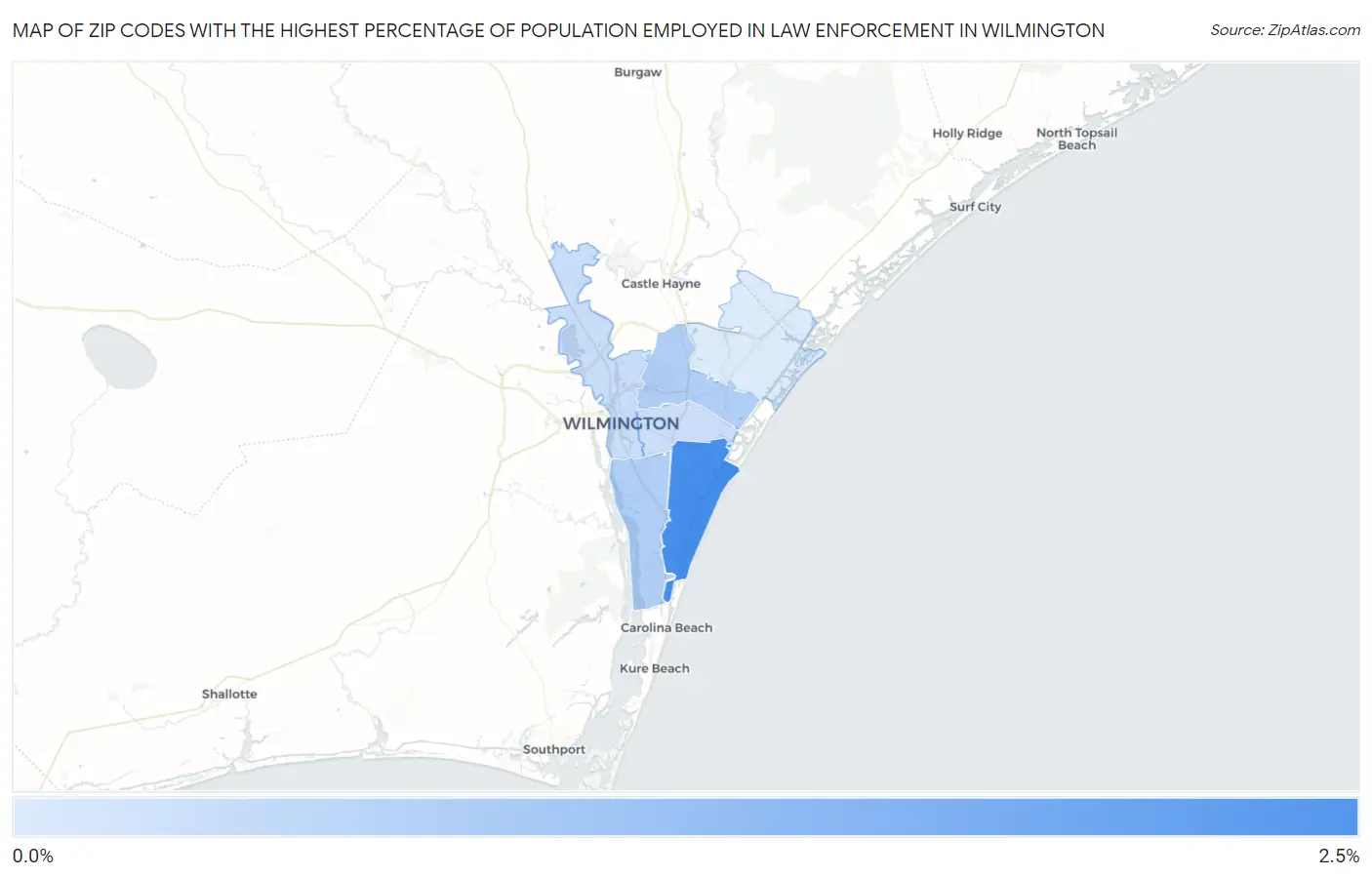 Zip Codes with the Highest Percentage of Population Employed in Law Enforcement in Wilmington Map