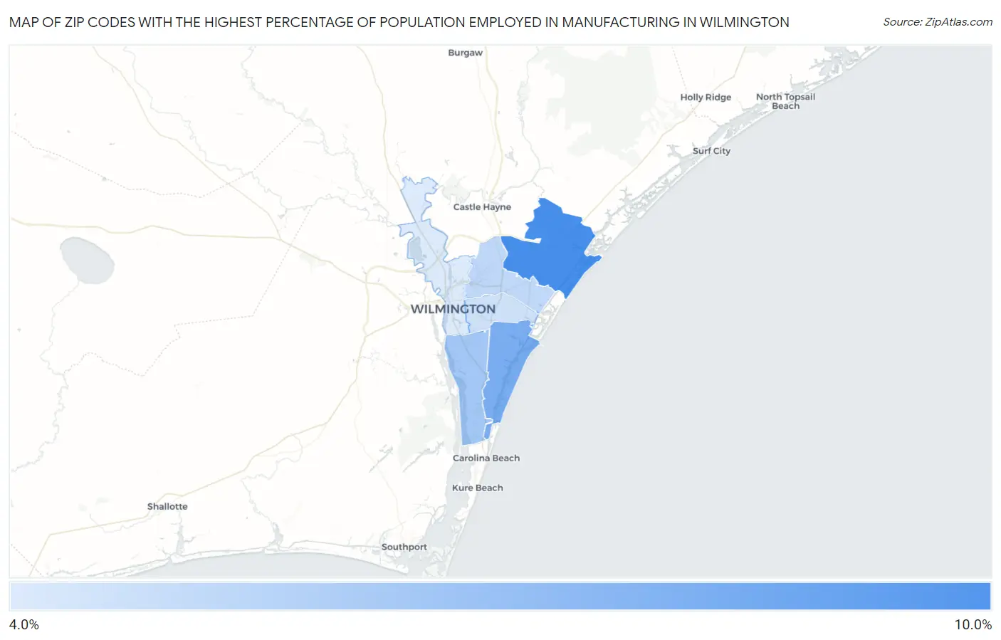 Zip Codes with the Highest Percentage of Population Employed in Manufacturing in Wilmington Map