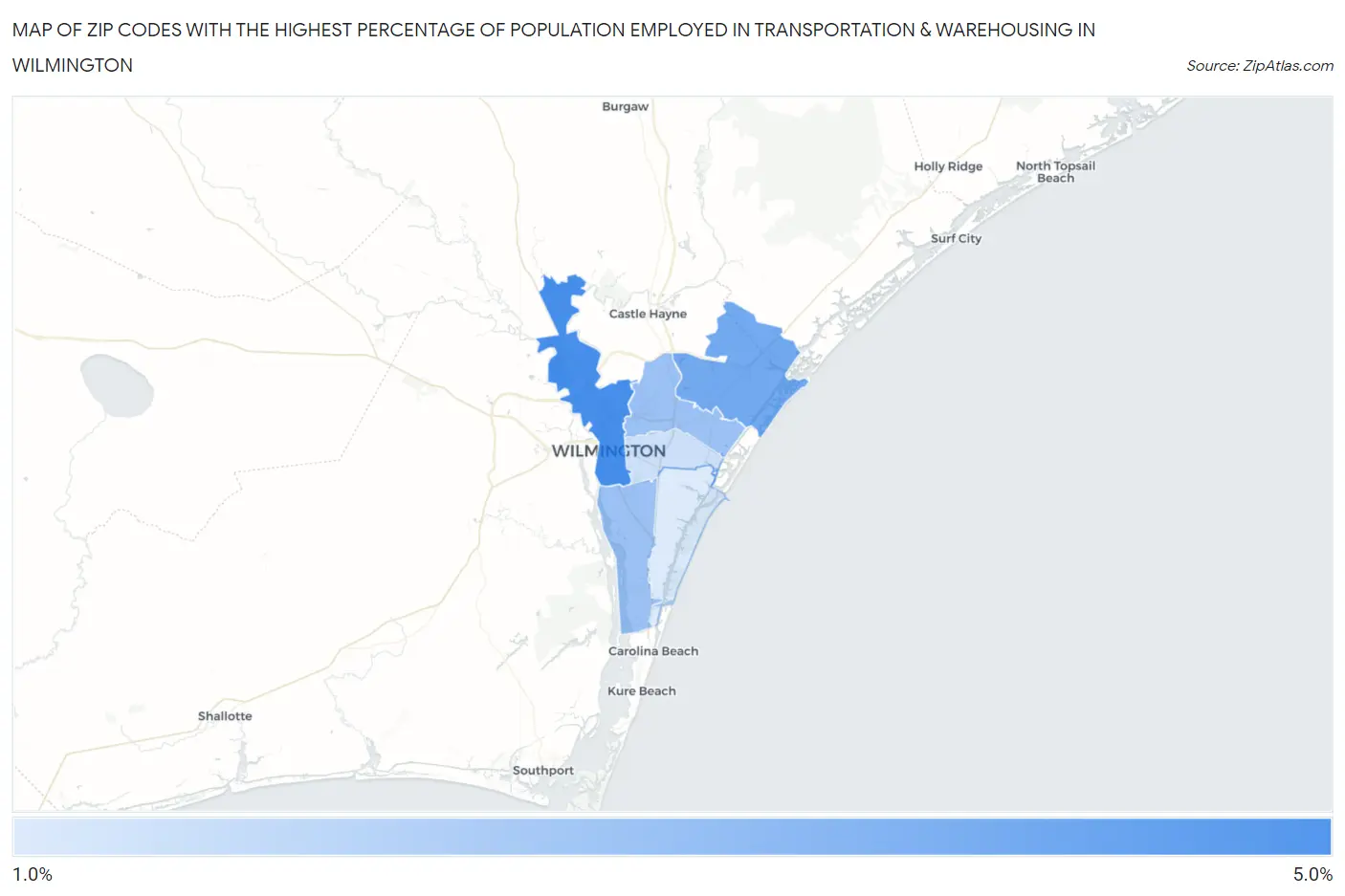 Zip Codes with the Highest Percentage of Population Employed in Transportation & Warehousing in Wilmington Map