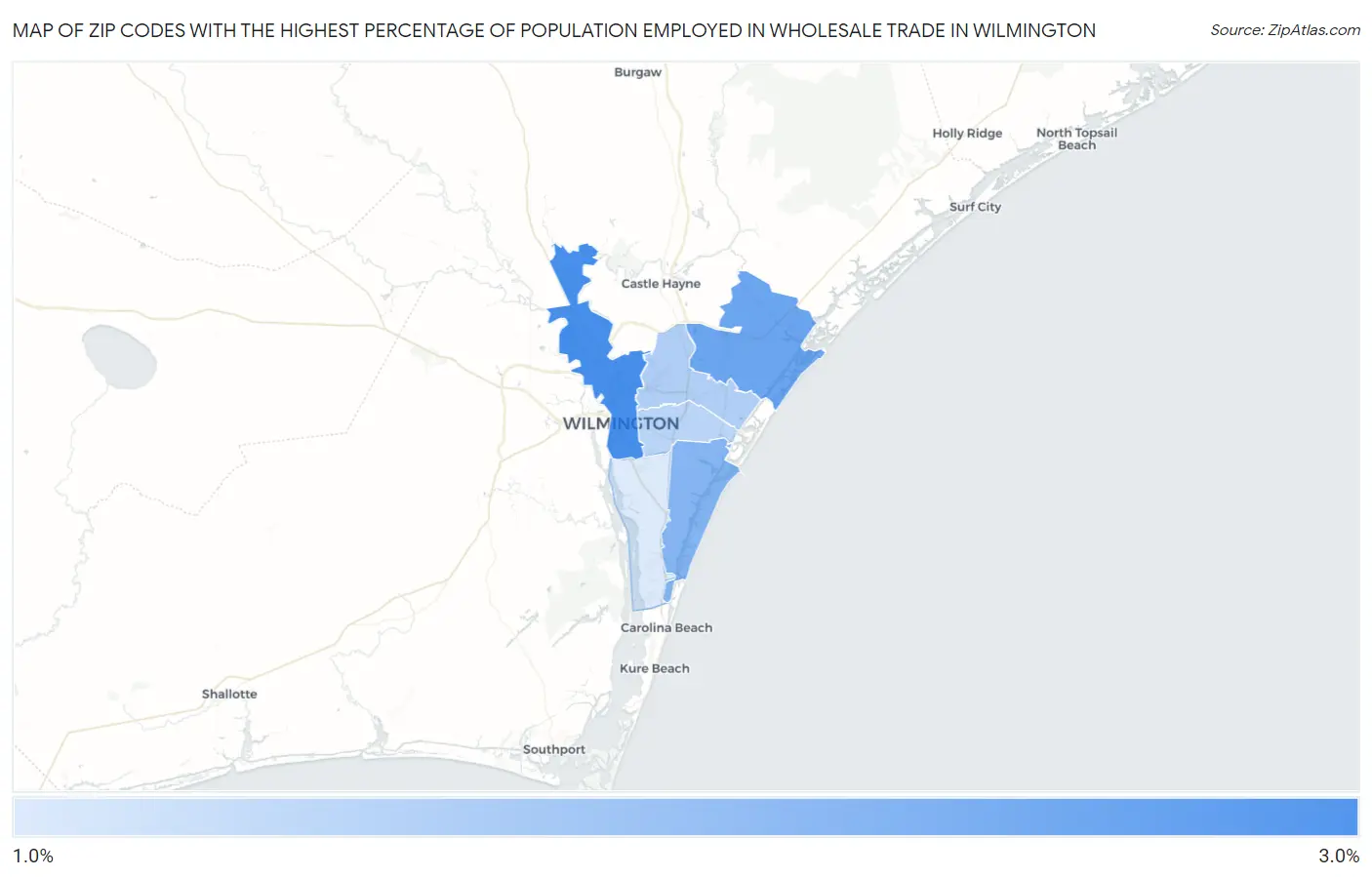 Zip Codes with the Highest Percentage of Population Employed in Wholesale Trade in Wilmington Map