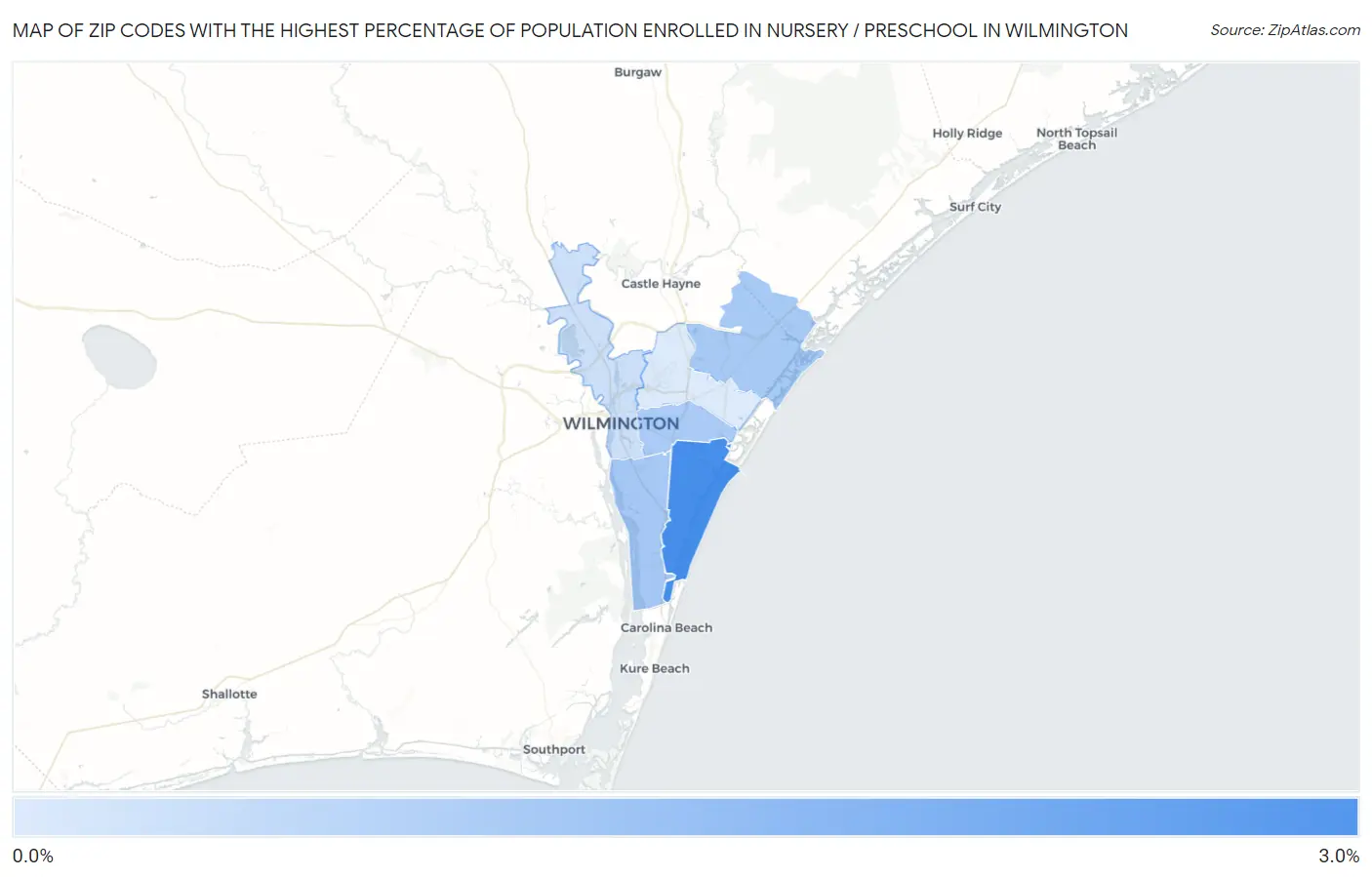 Zip Codes with the Highest Percentage of Population Enrolled in Nursery / Preschool in Wilmington Map