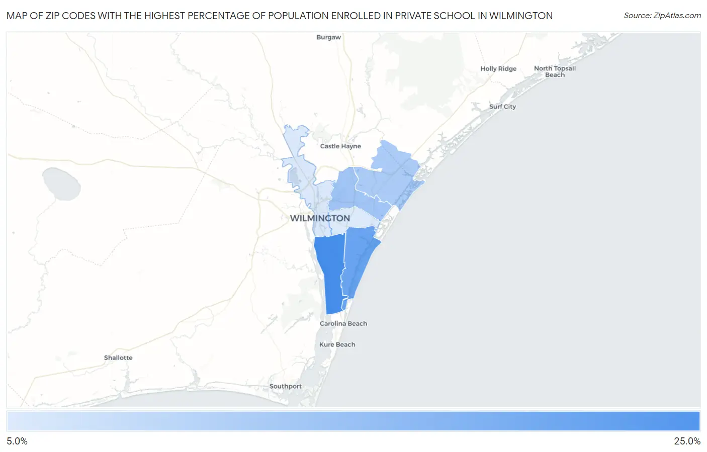Zip Codes with the Highest Percentage of Population Enrolled in Private School in Wilmington Map