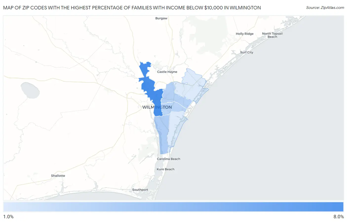 Zip Codes with the Highest Percentage of Families with Income Below $10,000 in Wilmington Map