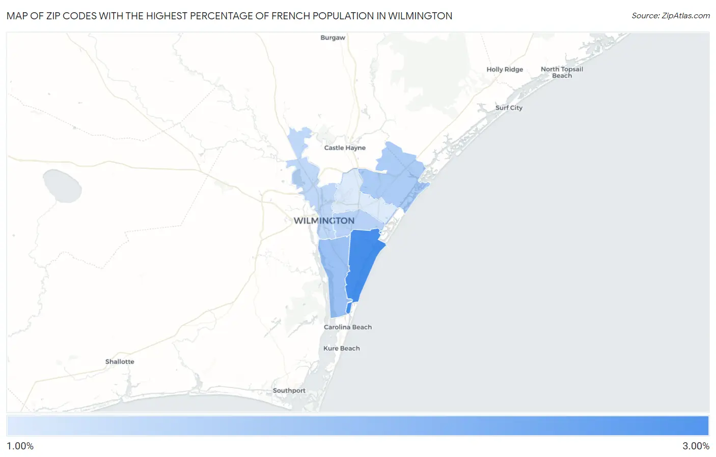 Zip Codes with the Highest Percentage of French Population in Wilmington Map