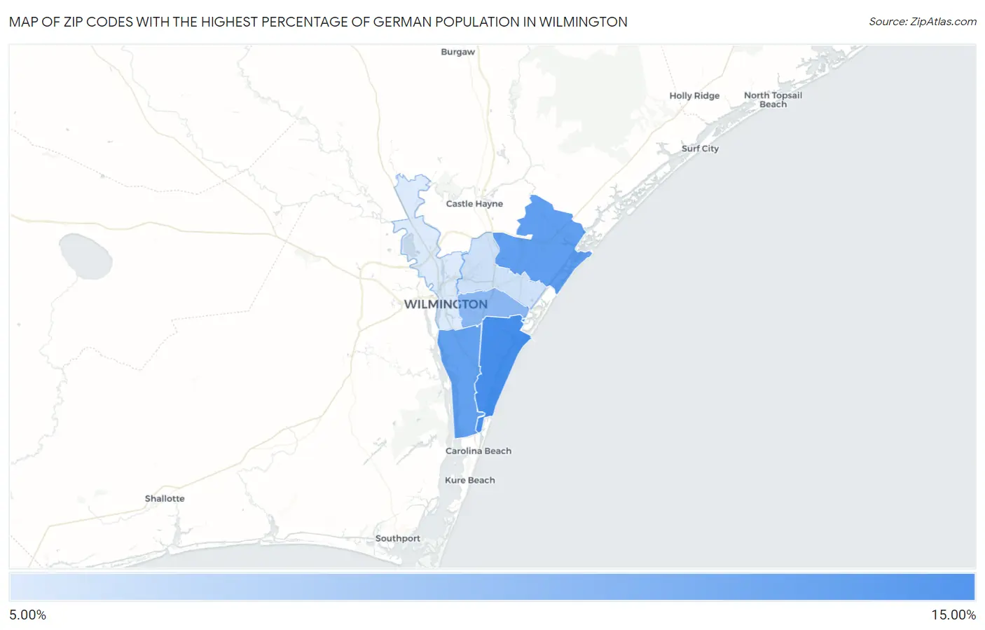 Zip Codes with the Highest Percentage of German Population in Wilmington Map