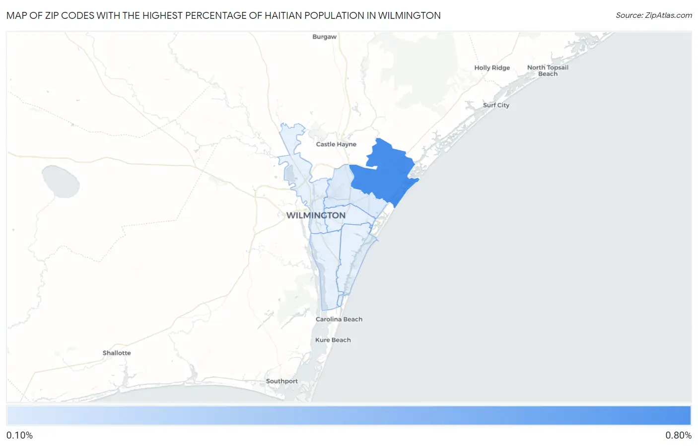 Zip Codes with the Highest Percentage of Haitian Population in Wilmington Map