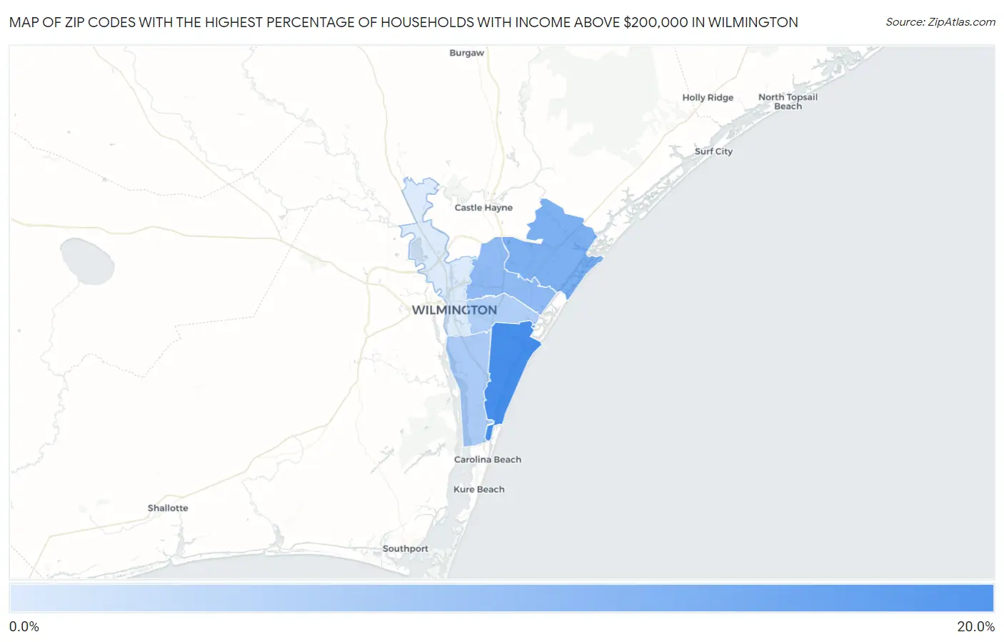 Zip Codes with the Highest Percentage of Households with Income Above $200,000 in Wilmington Map
