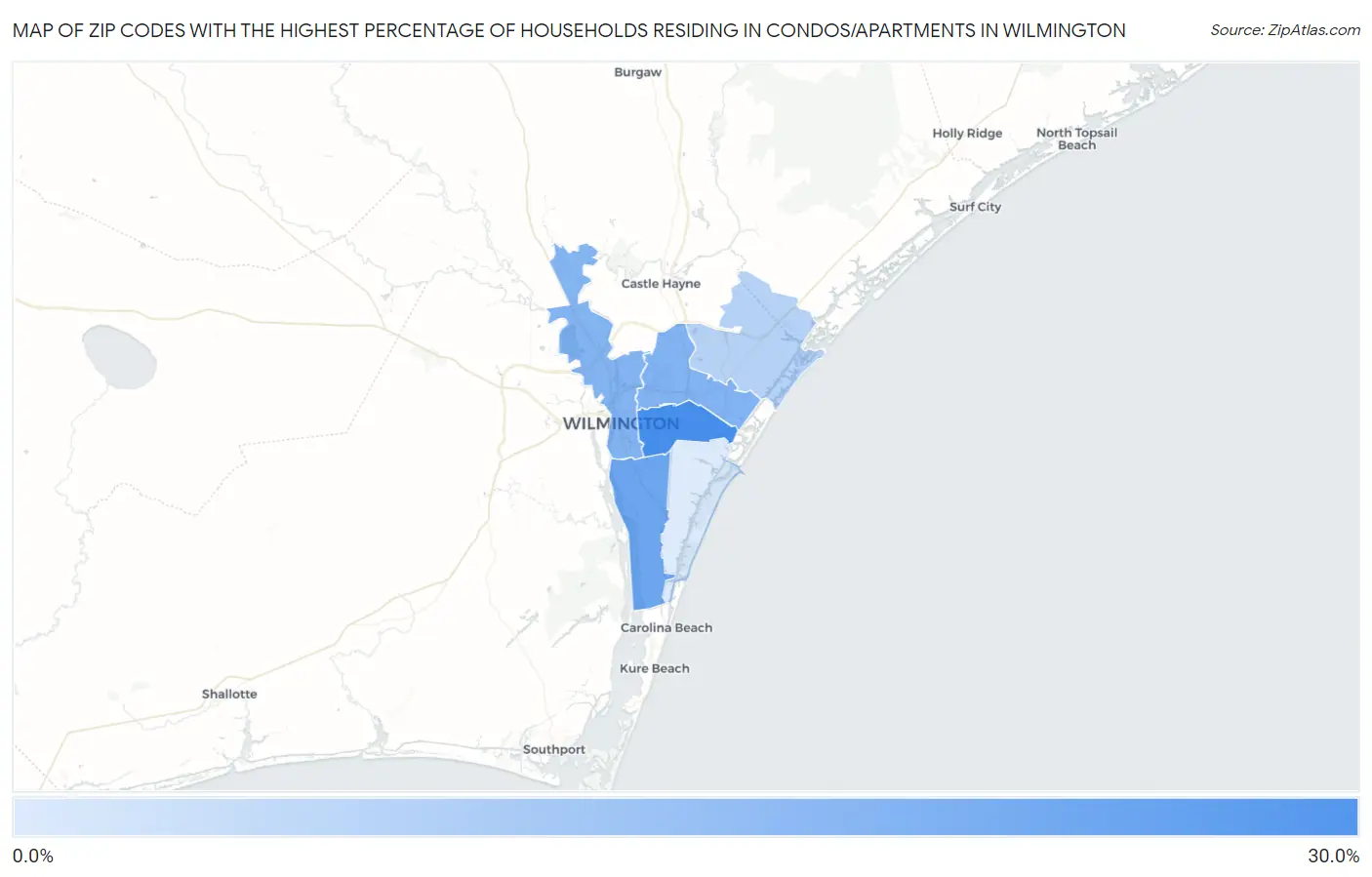 Zip Codes with the Highest Percentage of Households Residing in Condos/Apartments in Wilmington Map
