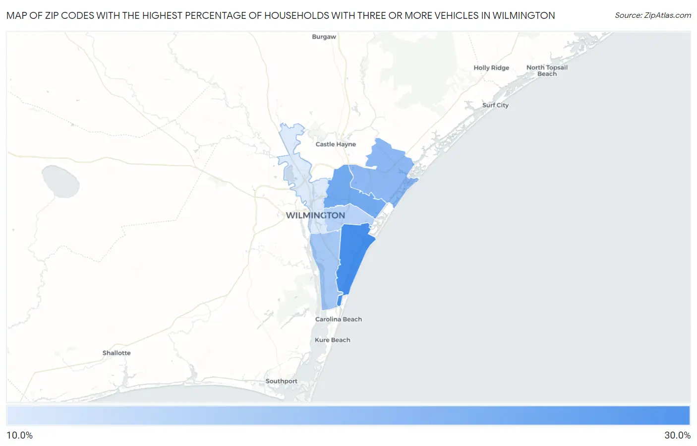 Zip Codes with the Highest Percentage of Households With Three or more Vehicles in Wilmington Map