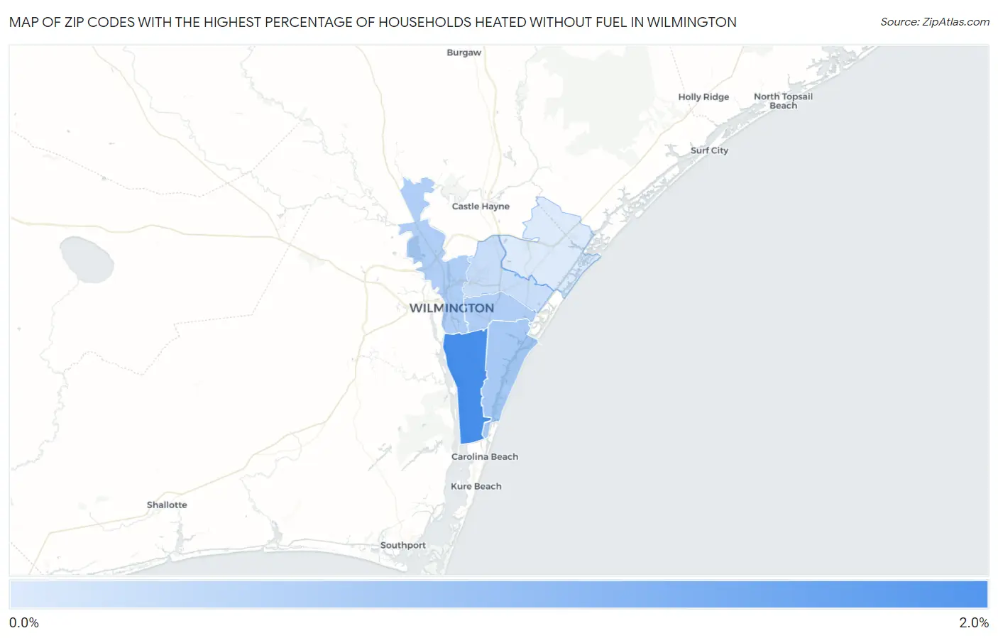 Zip Codes with the Highest Percentage of Households Heated without Fuel in Wilmington Map