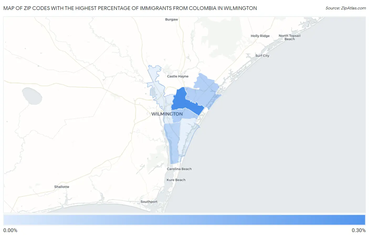 Zip Codes with the Highest Percentage of Immigrants from Colombia in Wilmington Map