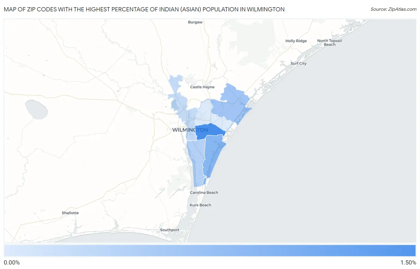 Zip Codes with the Highest Percentage of Indian (Asian) Population in Wilmington Map
